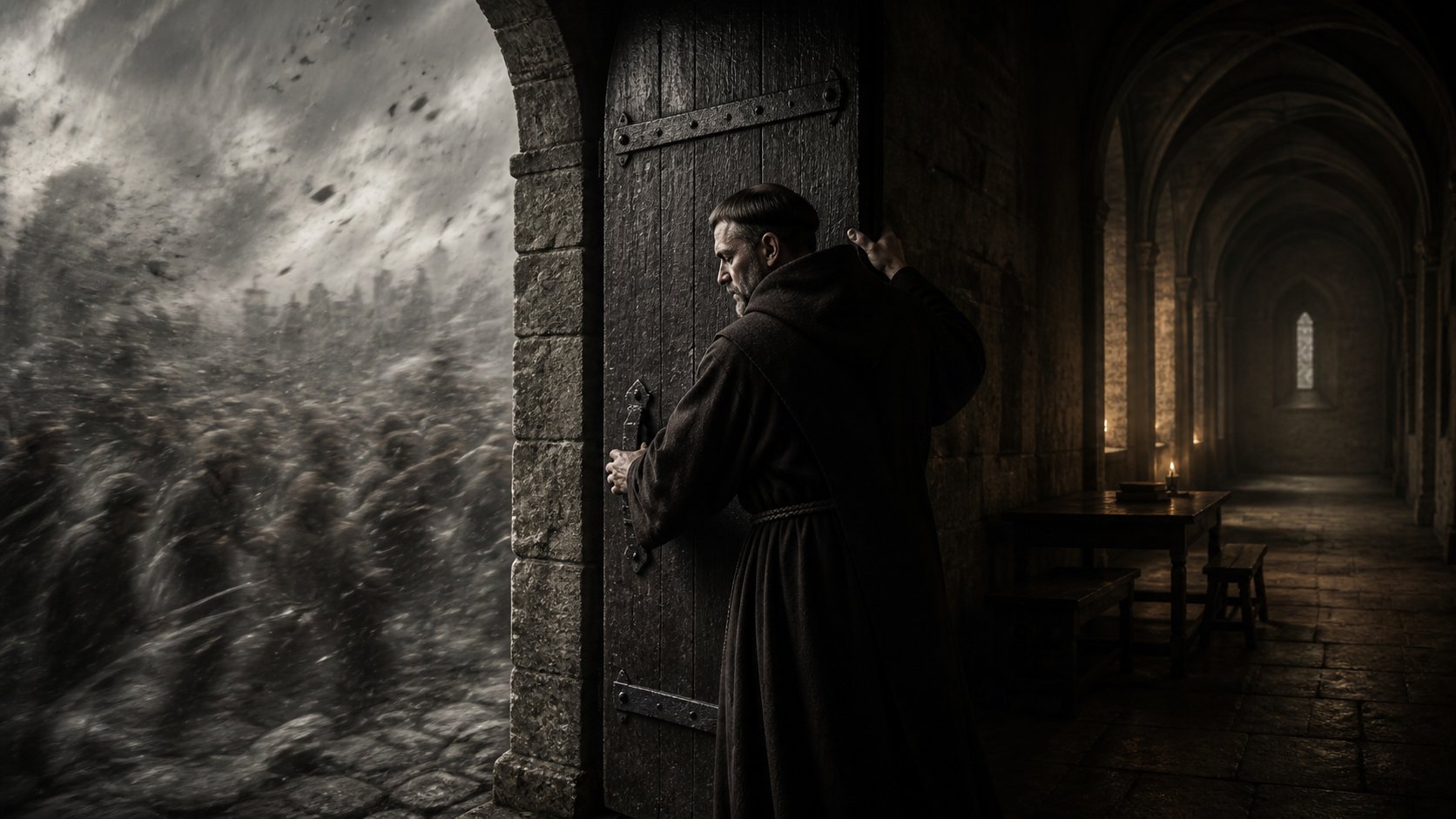 Un monaco chiude la porta del monastero mentre fuori si addensa la massa indistinta della tempesta